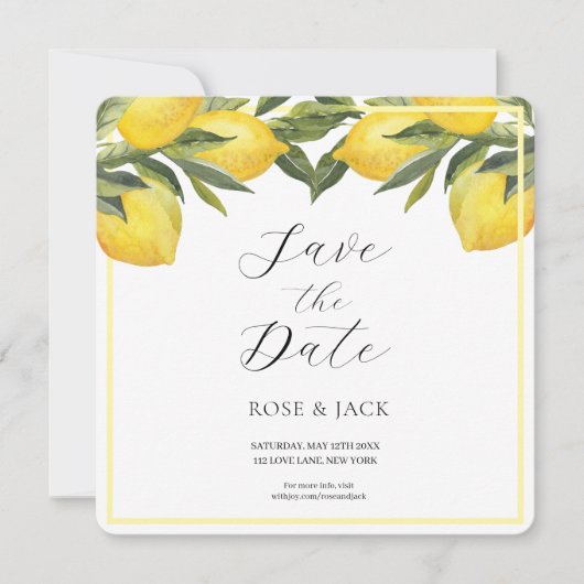 Watercolor Lemon Garden White Wedge Save The Date (Vorderseite)