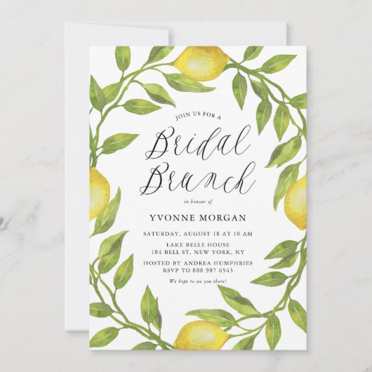 Watercolor Lemon Greenery Wreath Bridal Brunch Einladung (Vorderseite)