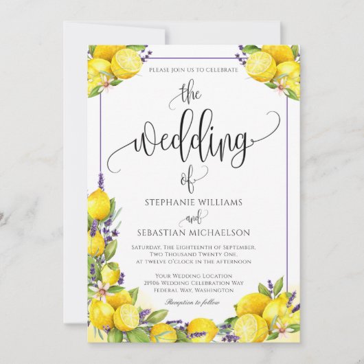 Watercolor Lemon Lavender Boho Wedding Einladung (Vorderseite)