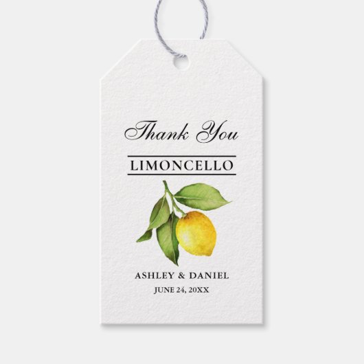 Watercolor Lemon Limoncello Wedding Geschenkanhänger (Vorderseite)