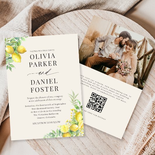 Watercolor Lemon QR Code Photo Wedding Einladung