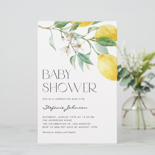 Watercolor Lemon Summer Baby Dusche Einladung (Stehend Vorderseite)
