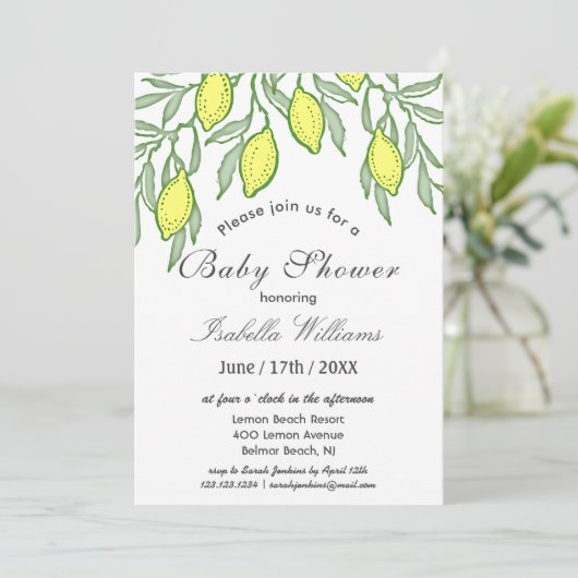 Watercolor Lemon Summer Baby Dusche Einladung (Stehend Vorderseite)