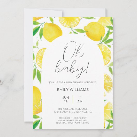 Watercolor Lemon Summer Oh Baby Dusche Einladung (Vorderseite)