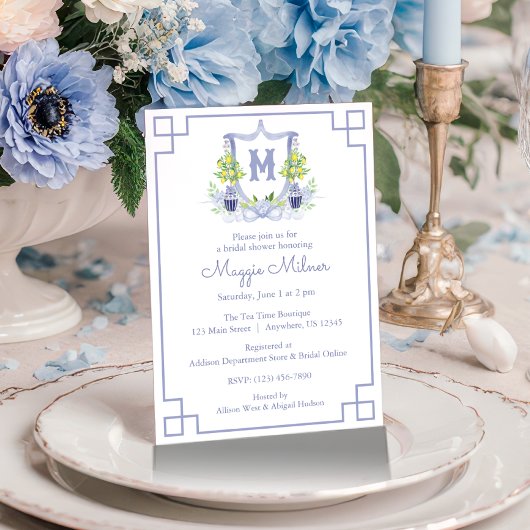 Watercolor Lemon Tree Monogram Crest Einladung