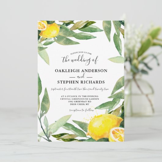 Watercolor Lemon Wreath Boho Wedding Einladung (Stehend Vorderseite)