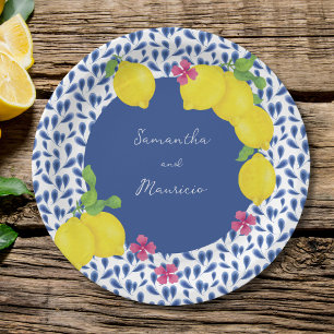 WATERCOLOR LEMONS BLAUE TILES PAPPTELLER