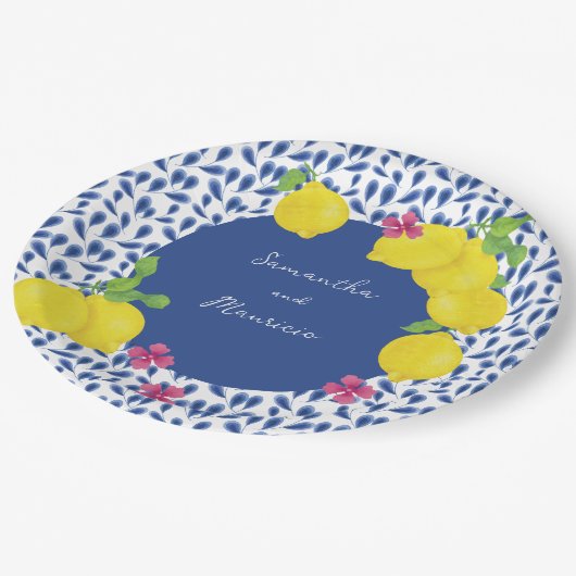 WATERCOLOR LEMONS BLAUE TILES PAPPTELLER (Schrägansicht)