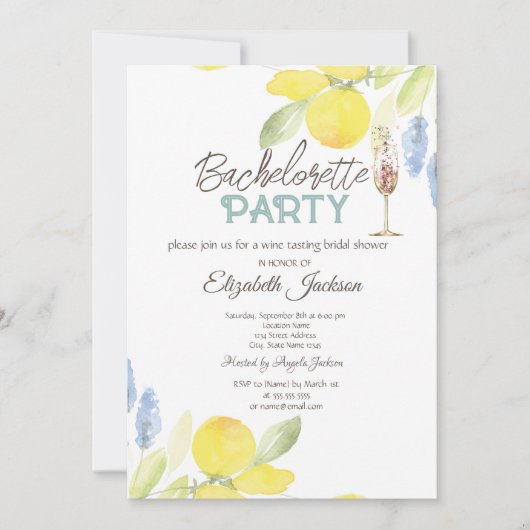 Watercolor Lemons Champagne Glass Bachelorette Einladung (Vorderseite)
