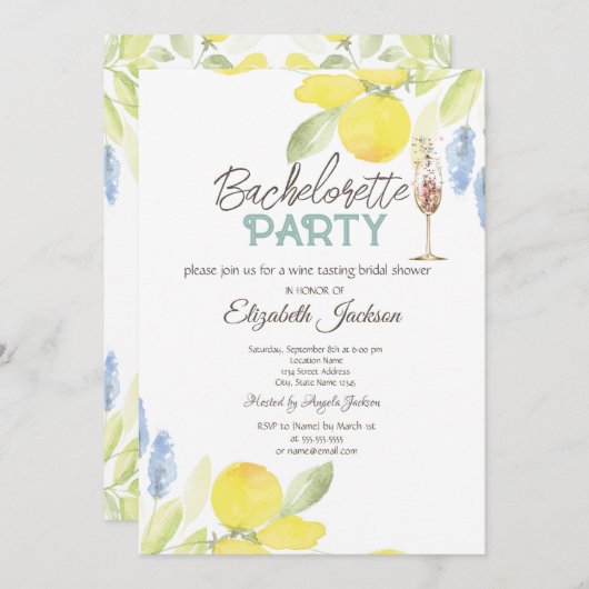 Watercolor Lemons Champagne Glass Bachelorette Einladung (Vorne/Hinten)