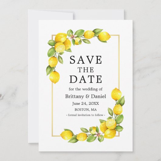 Watercolor Lemons Greenerity Gold Frame Save The Date (Vorderseite)