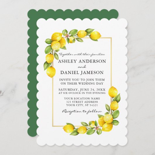 Watercolor Lemons Greenerity Wedding Green Einladung (Vorne/Hinten)