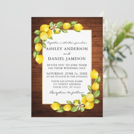 Watercolor Lemons Greenerity Wood Wedding Einladung (Stehend Vorderseite)