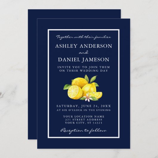 Watercolor Lemons Greenery Blue Wedding Einladung (Vorne/Hinten)
