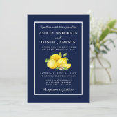 Watercolor Lemons Greenery Blue Wedding Foto Einladung (Stehend Vorderseite)