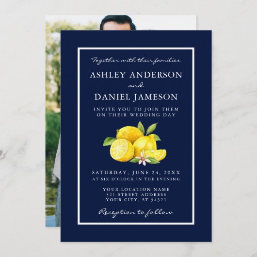 Watercolor Lemons Greenery Blue Wedding Foto Einladung (Vorne/Hinten)