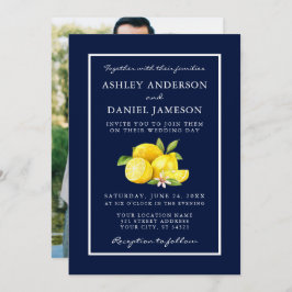 Watercolor Lemons Greenery Blue Wedding Foto Einladung