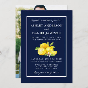 Watercolor Lemons Greenery Blue Wedding Foto Einladung