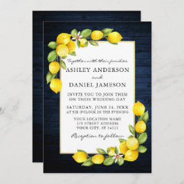 Watercolor Lemons Greenery Blue Wood Wedding Einladung