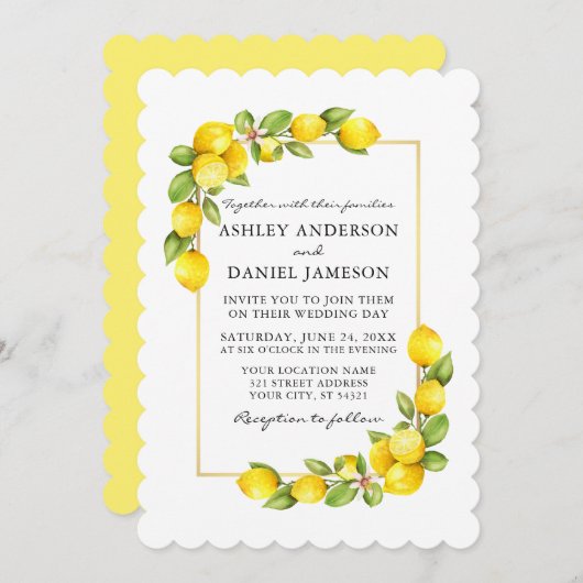 Watercolor Lemons Greenery Yellow Wedding Einladung (Vorne/Hinten)