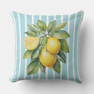 Watercolor Lemons on Blue Striped Background Kissen