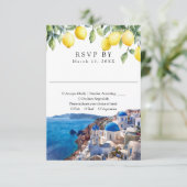 Watercolor Lemons Santorini Greek Wedding RSVP Karte (Stehend Vorderseite)