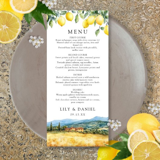 Watercolor Lemons Tuscany Italy Wedding Menükarte