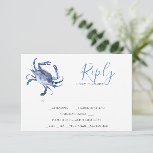 Watercolor Light Blue Crab Reply RSVP Cards (Stehend Vorderseite)