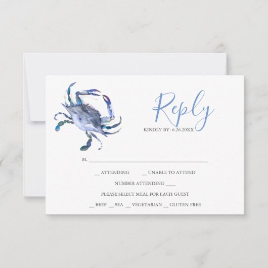 Watercolor Light Blue Crab Reply RSVP Cards Karte (Vorderseite)
