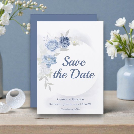 Watercolor Light Blue Floral Wedding Save the Date Einladung