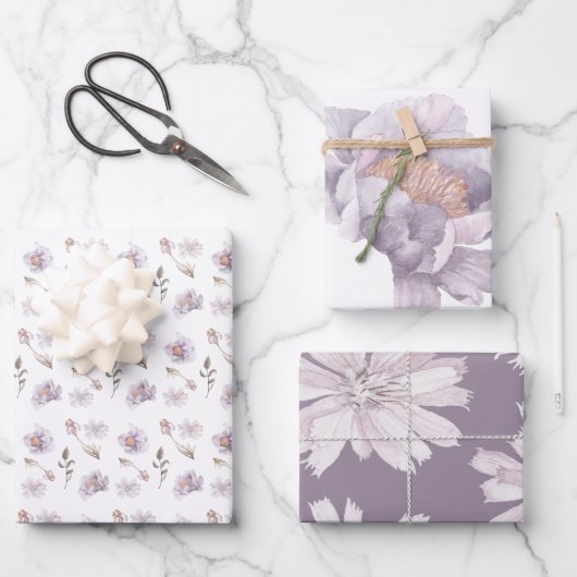 Watercolor Lila Blumenumhüllungsblätter Geschenkpapier Set (Vorderseite)