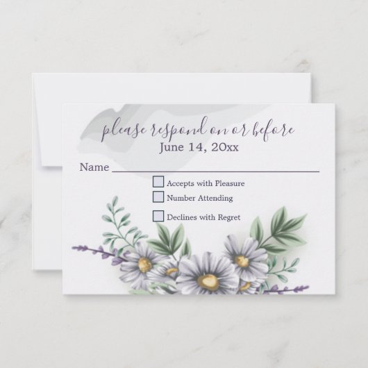 Watercolor Lila Daisy Wedding RSVP Karte (Vorderseite)