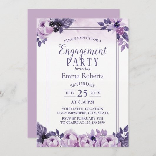 Watercolor Lila Floral Wedding Party Einladung (Vorne/Hinten)