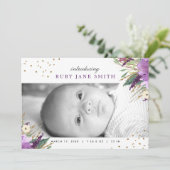 Watercolor Lila Gold Glitzer Geburtserklärung Ankündigung (Stehend Vorderseite)