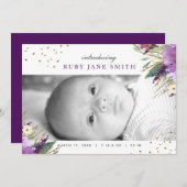 Watercolor Lila Gold Glitzer Geburtserklärung Ankündigung (Vorne/Hinten)