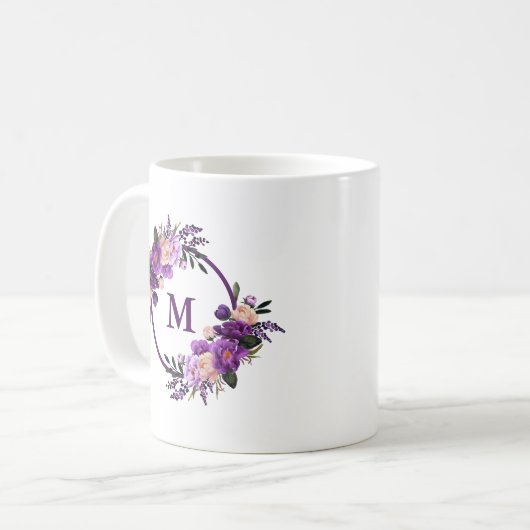 Watercolor-lila ultraviolettes Blumenmonogramm Kaffeetasse (Vorderseite Links)