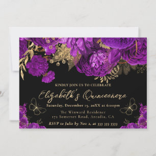 Watercolor Lila und Gold Blumen Quinceanera Einladung