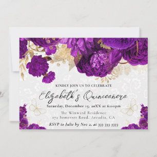 Watercolor Lila und Gold Blumen Quinceanera Einladung