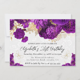 Watercolor lila und goldene Blumen 21. Geburtstag Einladung