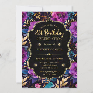 Watercolor Lila und Goldene Blumen 21. Geburtstag Einladung