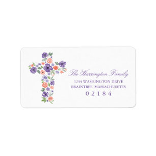 Watercolor-lila und korallenrotes Blumen-Kreuz Adressaufkleber