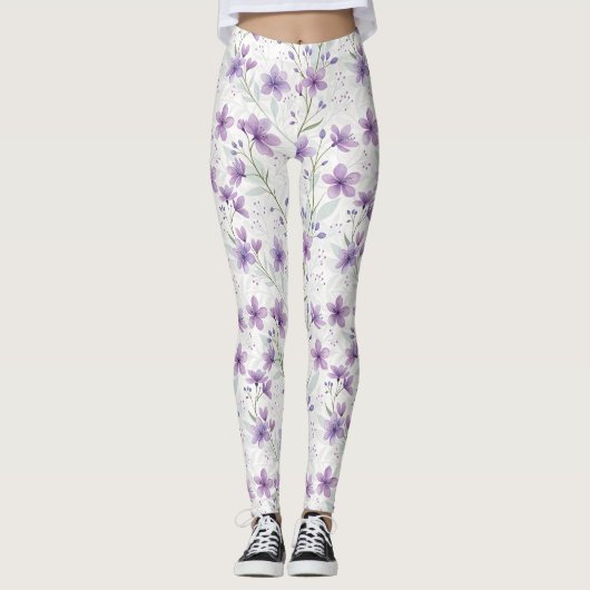 Watercolor Lilac Wildflower Pattern Leggings (Vorderseite)