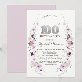 Watercolor Lilac Wildflowers 100th Birthday   Einladung