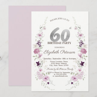 Watercolor Lilac Wildflowers 60th Birthday   Einladung