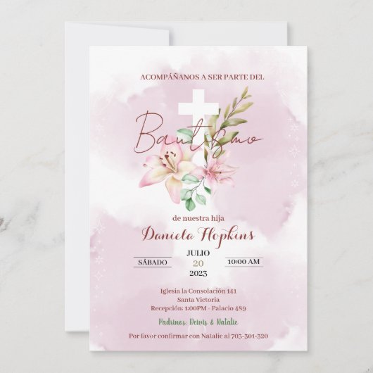 Watercolor lily baptism invitation einladung (Vorderseite)