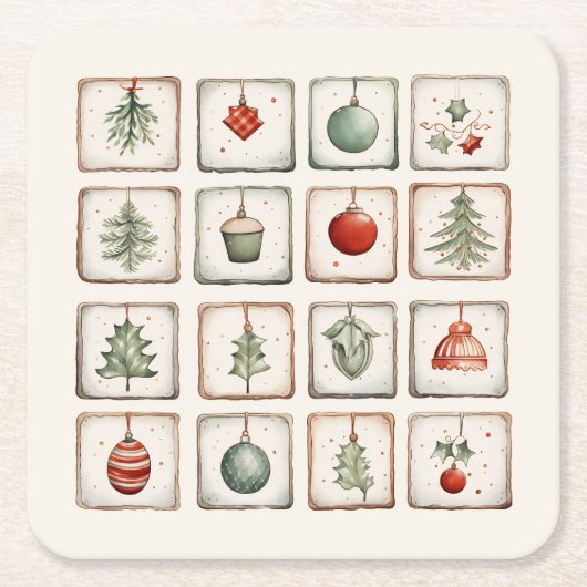 Watercolor Lineart Christmas Pattern Rechteckiger Pappuntersetzer (Vorderseite)