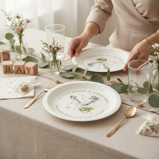 Watercolor Little Sprout stork Baby Shower Pappteller