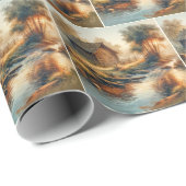 Watercolor Log Cabin In Morning Mist Geschenkpapier (Rolleneckpunkt)