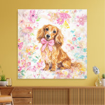 Watercolor Long Hair Dachshund Pastel Floral