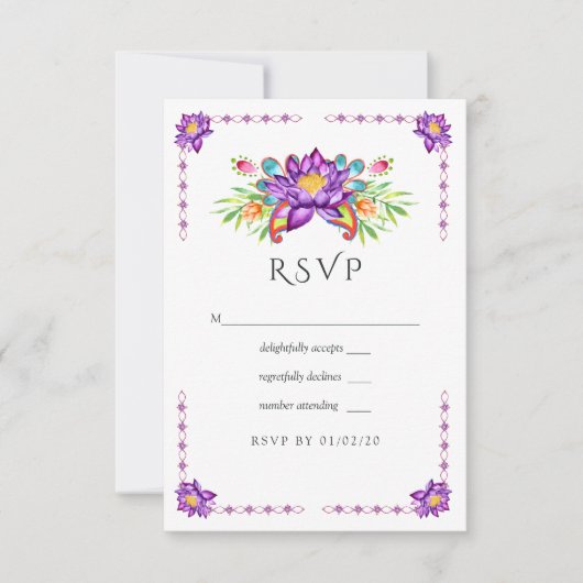 Watercolor Lotus Blume Indian Wedding RSVP Karte (Vorderseite)